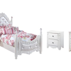 Exquisite Twin Poster Bed with Mirrored Dresser and 2 Nightstands by Ashley Sign