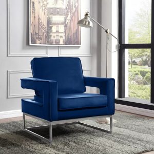 Toby Art Deco Blue Velvet Accent Chair With Stainless Steel/Chrome finish.