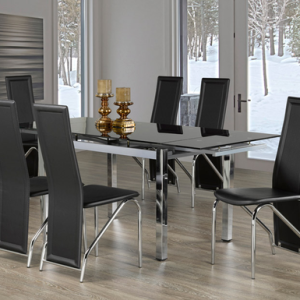 New Jersey Extendable Black Tempered Glass and Black Leather Chrome Dining Set