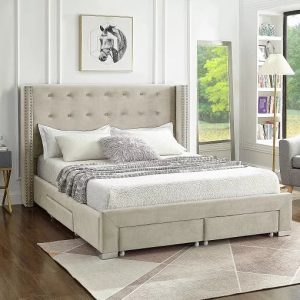 Sarah Queen Cream Tufted Nailhead Upholstered Wingback Platform bed with Storage