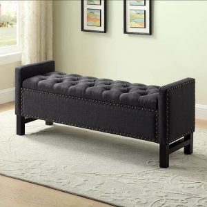 Coleson Tufted Nailhead Gun Metal Velvet Storage Bench, Espresso Wood Feet.