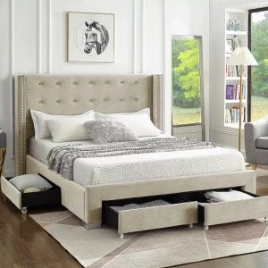 Sarah Queen Cream Tufted Nailhead Upholstered Wingback Platform bed with Storage