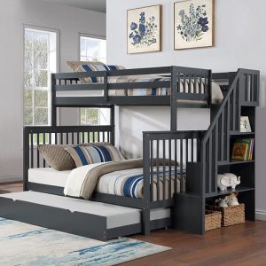 Elite Mission Staircase-Storage Shelves Twin over Double Bunk Beds in Gray