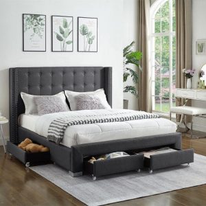 Sarah Grey Tufted Nail head upholstered  Platform bed with Storage In Double