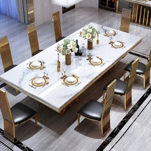 Mother Of Pearl Carrera Marble and Gold Double Pedestal Dining Room Table
