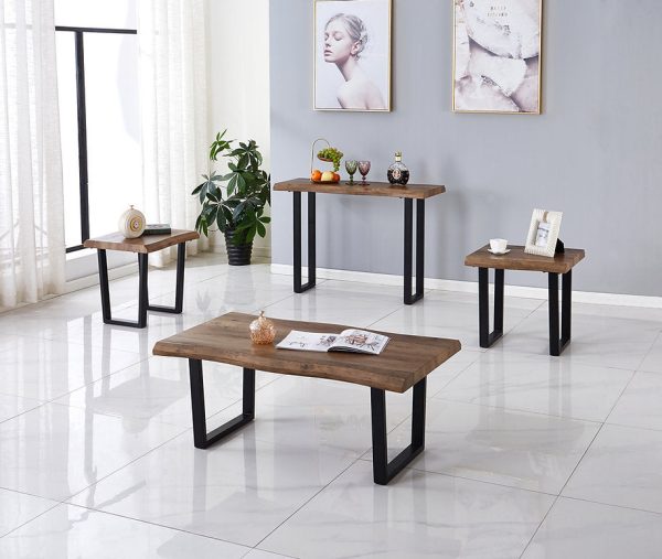 Live Edge Wood Iron Black Metal 3 Piece Coffee End Tables Set