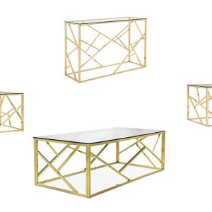 Marley Console Hall Table in Clear Glass and Gold Cross Over Geometric Design