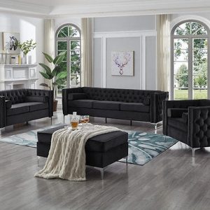 Sonia Deep Tufted Nailhead Sofa Set in Black and Chrome