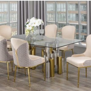 Sahar Luxury 7 Piece Dining Suite Glass Gold and Silver Trim, Zipper Back Chairs