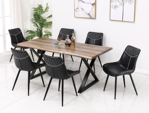 Beck and Collin 5 Piece Live Edge Wood Table Dark Brown Leather MCM Chairs