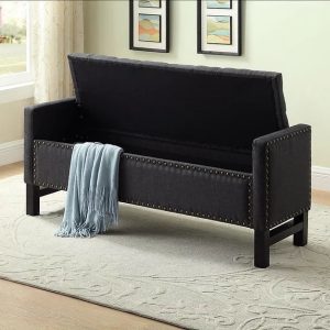 Coleson Tufted Nailhead Gun Metal Velvet Storage Bench, Espresso Wood Feet.