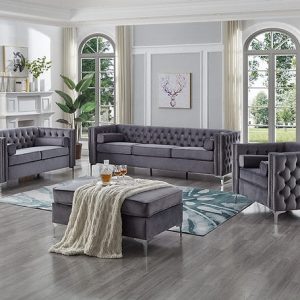 Sonia Deep Tufted Nailhead Sofa Set in Grey and Chrome