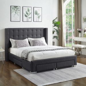 Sarah Grey Tufted Nail head upholstered  Platform bed with Storage In Double