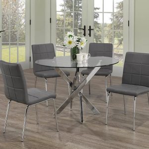 Reba and Maria 5 Piece Dinette Set Grey Chair Clear Glass Round Table