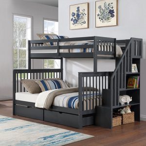 Elite Mission Staircase-Storage Shelves Twin over Double Bunk Beds in Gray