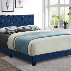 Wafa Tufted Crystal and Nailhead Blue Velvet Adjustable Headboard King Platform