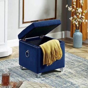 Welch Blue Storage Ottoman with Deep Tufting and Chrome Nailhead Details