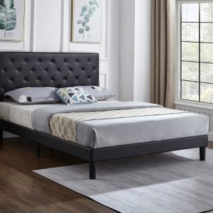 Lucy Double Tufted Headboard, Platform Bed Black Leather