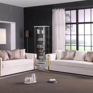 Chantel High Societ IVORY/CREAM 3 PIECE Sofa, Loveseat and Chair Gold Metal Mode