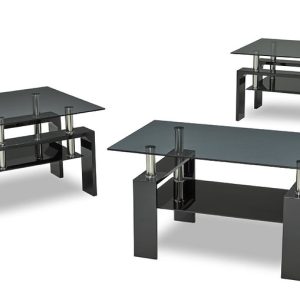 Quinn 3 Piece Art Deco Two Tier Glossy Black and Chrome Glass Coffee and End Tab