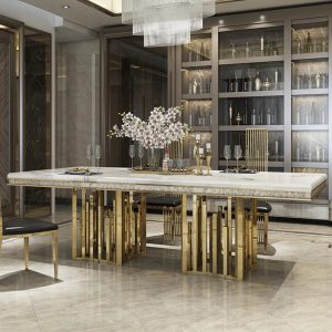 Mother Of Pearl Carrera Marble and Gold Double Pedestal Dining Room Table