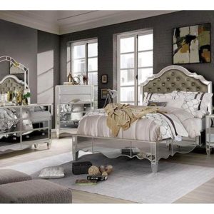 Glamorous Queen 8 Piece Mirrored Crystal Champagne Bedroom Set.