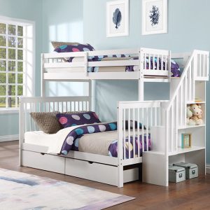 Elite Mission Staircase-Storage Shelves Twin over Double Bunk Beds in White