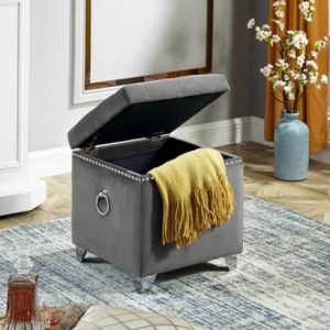 Welch Storage Grey Ottoman with Deep Tufting and Chrome Ring Details.