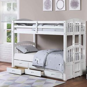 Suzie White Trundle Single/Single/Single Bunk Beds with 3 Storage Drawers White
