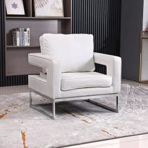 Toby Art Deco White Leather Accent Chair With Stainless Steel/Chrome finish.