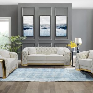Monroe 3 Piece Living Room Set Cream and Silver Frame, White Fluffy Accent Pillo