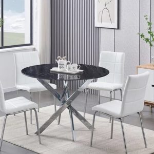Reba and Maria 5 Piece Dinette Set White Chairs and Black Marble Table