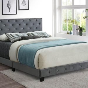 Wafa Tufted Crystal and Nailhead Grey Velvet Adjustable Headboard Queen Platform