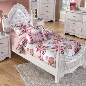 Exquisite Twin Poster Bed with Mirrored Dresser, Chest and 2 Nightstands by Ashl