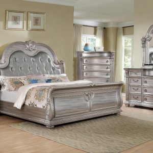 ROMA - King Bedroom Complete Set MARBLE Tops 8 PC. Champagne/Silver