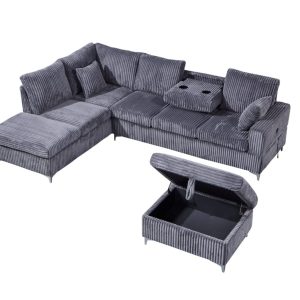 Rosie Plush Pullout Sectional Sofa with Chaise in Grey