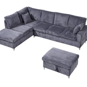 Rosie Plush Pullout Sectional Sofa with Chaise in Grey
